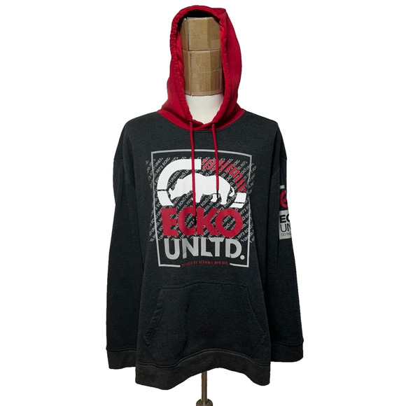 Ecko Unlimited Hoodie Y2K Mens 4XL Gray Red Rhino Logo Pullover Hip Hop Skater - Picture 5 of 10